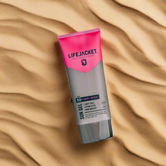 LifeJacket SPF 50+ Sun Gel tube on textured desert sand background