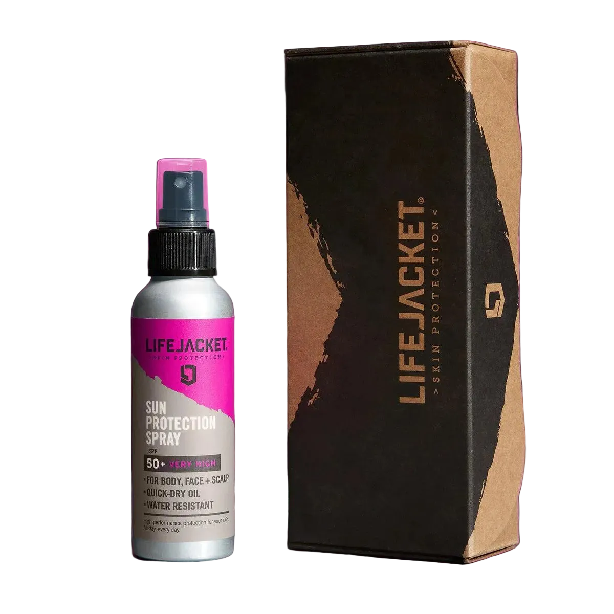 LifeJacket SPF50+ Sun Protection Spray 100ml with retail packaging cut-out