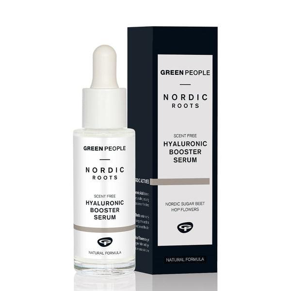 Green People Nordic Roots Hyaluronic Booster Serum bottle and box, scent-free skincare product