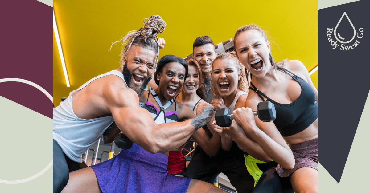 Diverse group of people smiling and lifting dumbbells in a gym, Ready Sweat Go logo visible