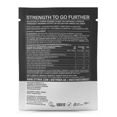 Back of STYRKR endurance electrolyte powder sachet showing product info, nutritional values, and ingredients list.