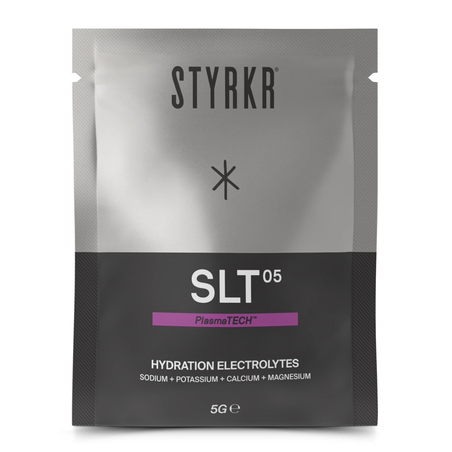 STYRKR SLT05 hydration electrolytes powder sachet with PlasmaTECH, 5g, black and silver packaging