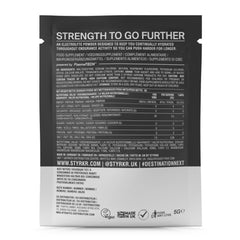 Back of Styrkr SLT05 Caffeine electrolyte powder sachet with nutrition info and branding