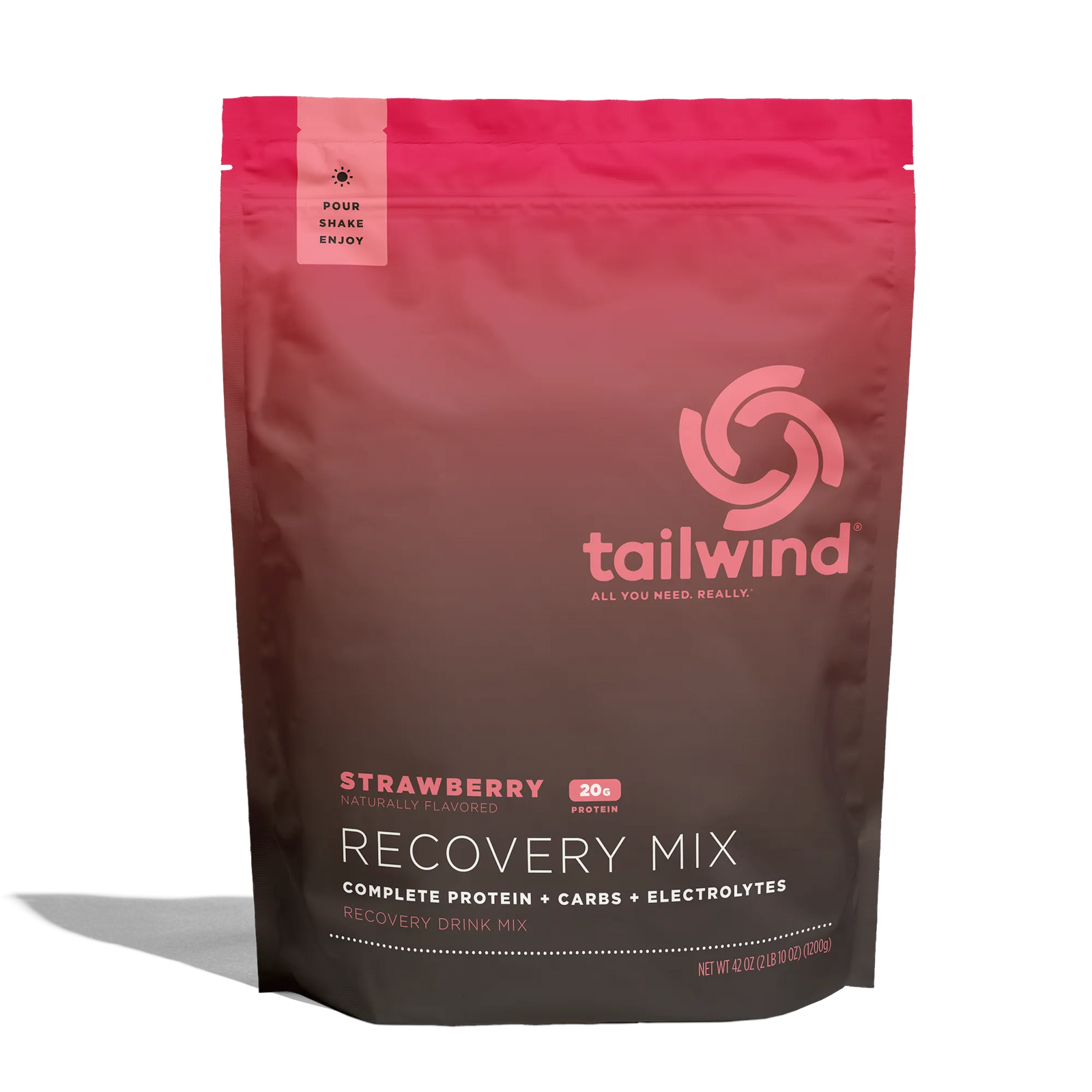 Tailwind Strawberry Recovery Mix protein powder pouch with gradient pink packaging.