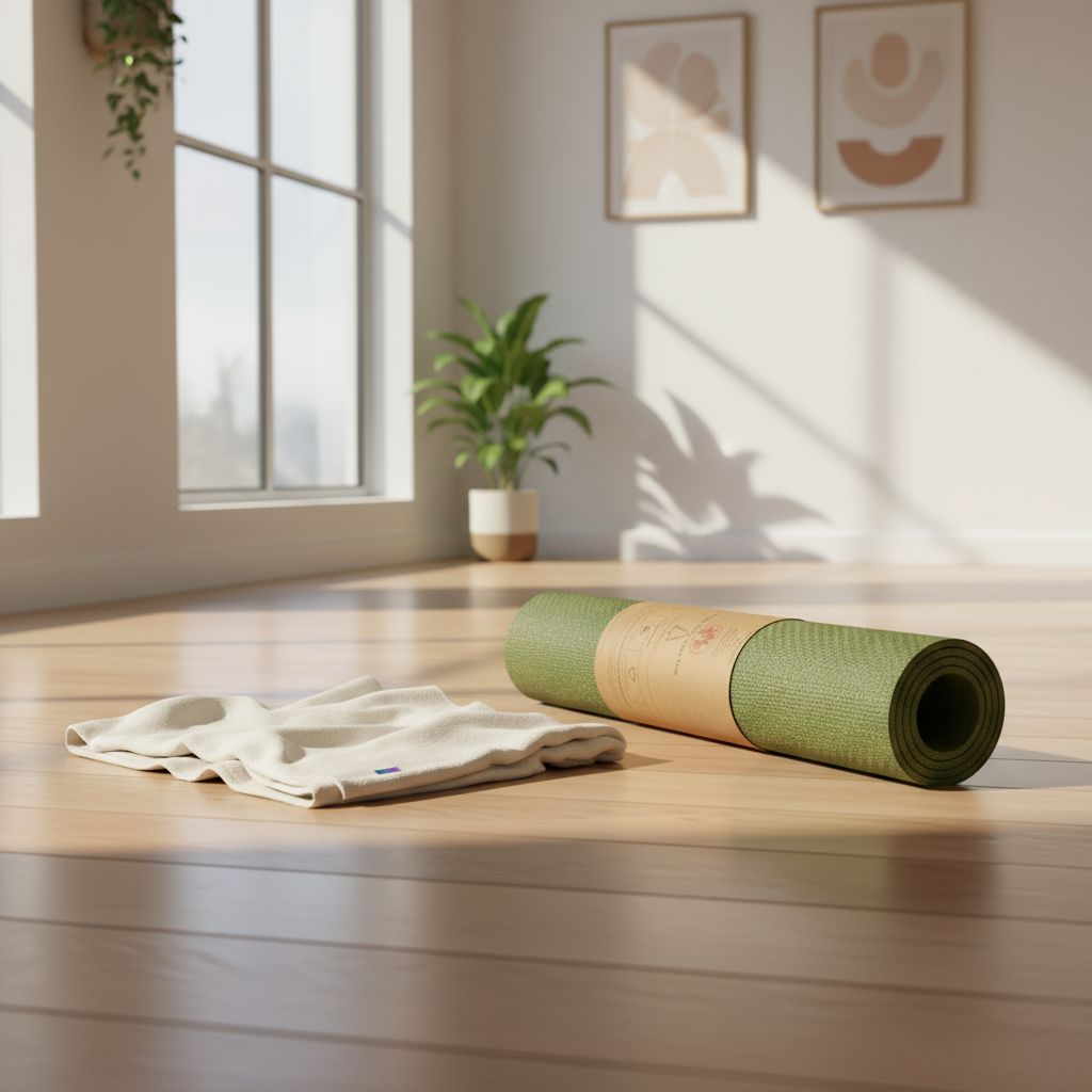 Green sustainable yoga mat and cream organic cotton blanket in a sunlit yoga studio.