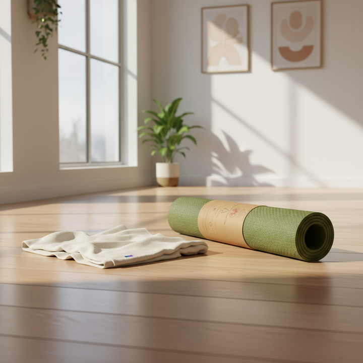 Green sustainable yoga mat and cream organic cotton blanket in a sunlit yoga studio.