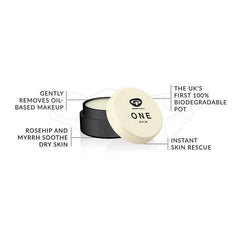 One Balm in a biodegradable pot highlights makeup removal, skin rescue, and soothing botanicals.