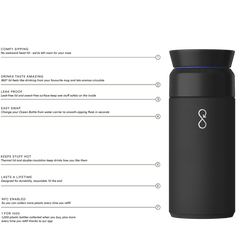 Black Ocean Bottle reusable water flask with logo and listed features on blue background.