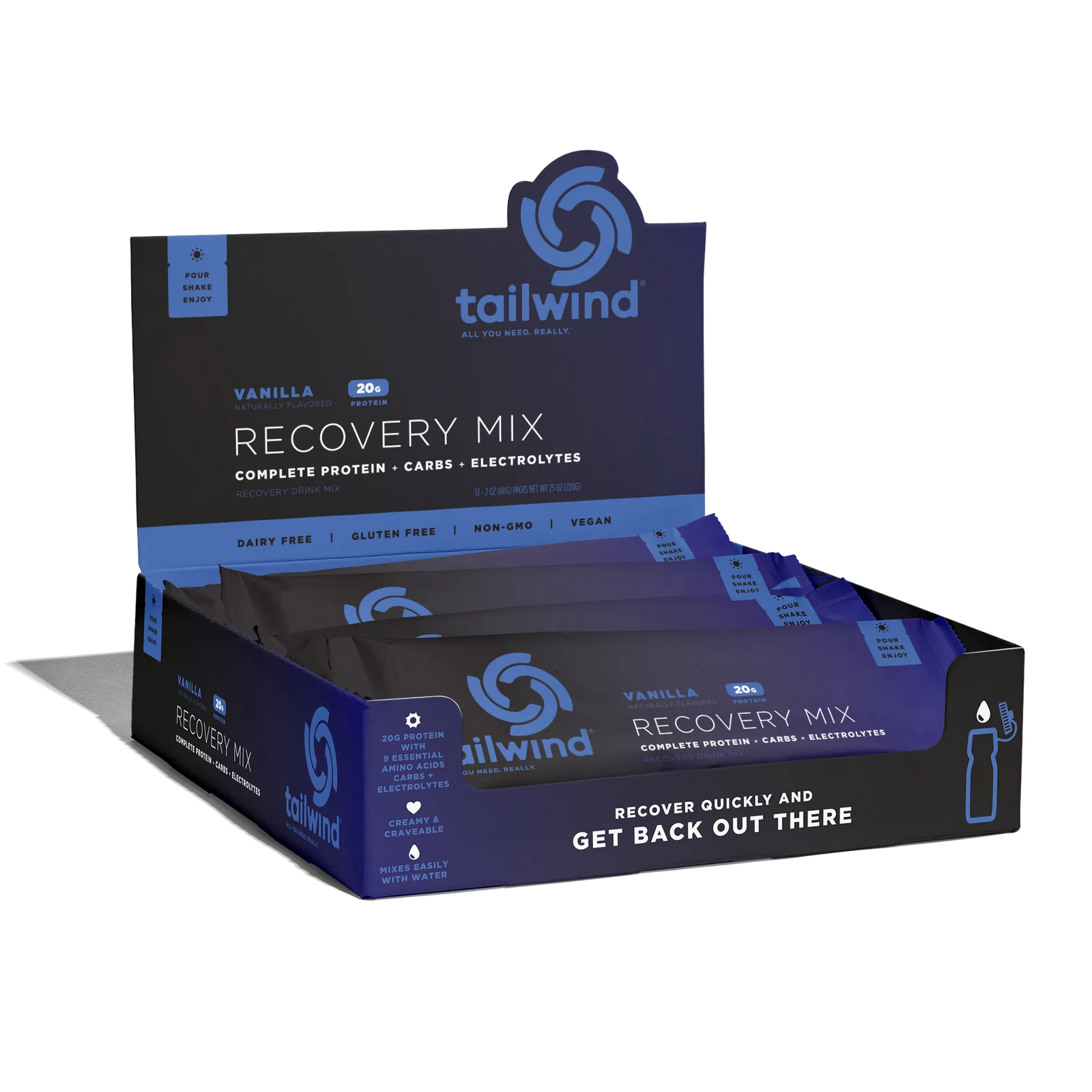 Tailwind Vanilla Recovery Mix 12-pack box, protein, carbs, electrolytes, dairy free, vegan