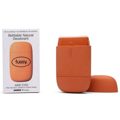 Fussy Wide Eyed refillable natural deodorant, orange container and box on white background