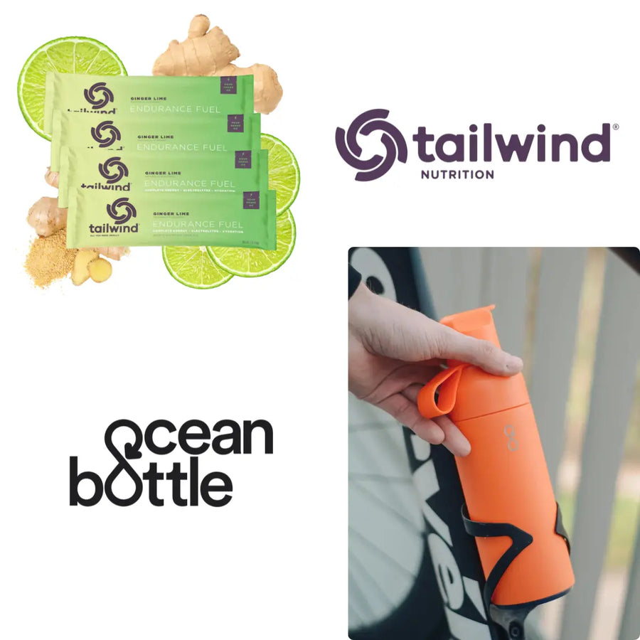 Tailwind Nutrition Ginger Lime Endurance Fuel packs with lime and ginger, orange Ocean Bottle, logos visible