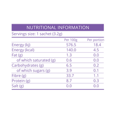 Zen Nutrition supplement nutritional information chart with calories, fat, protein, fiber content per 100g and per portion.