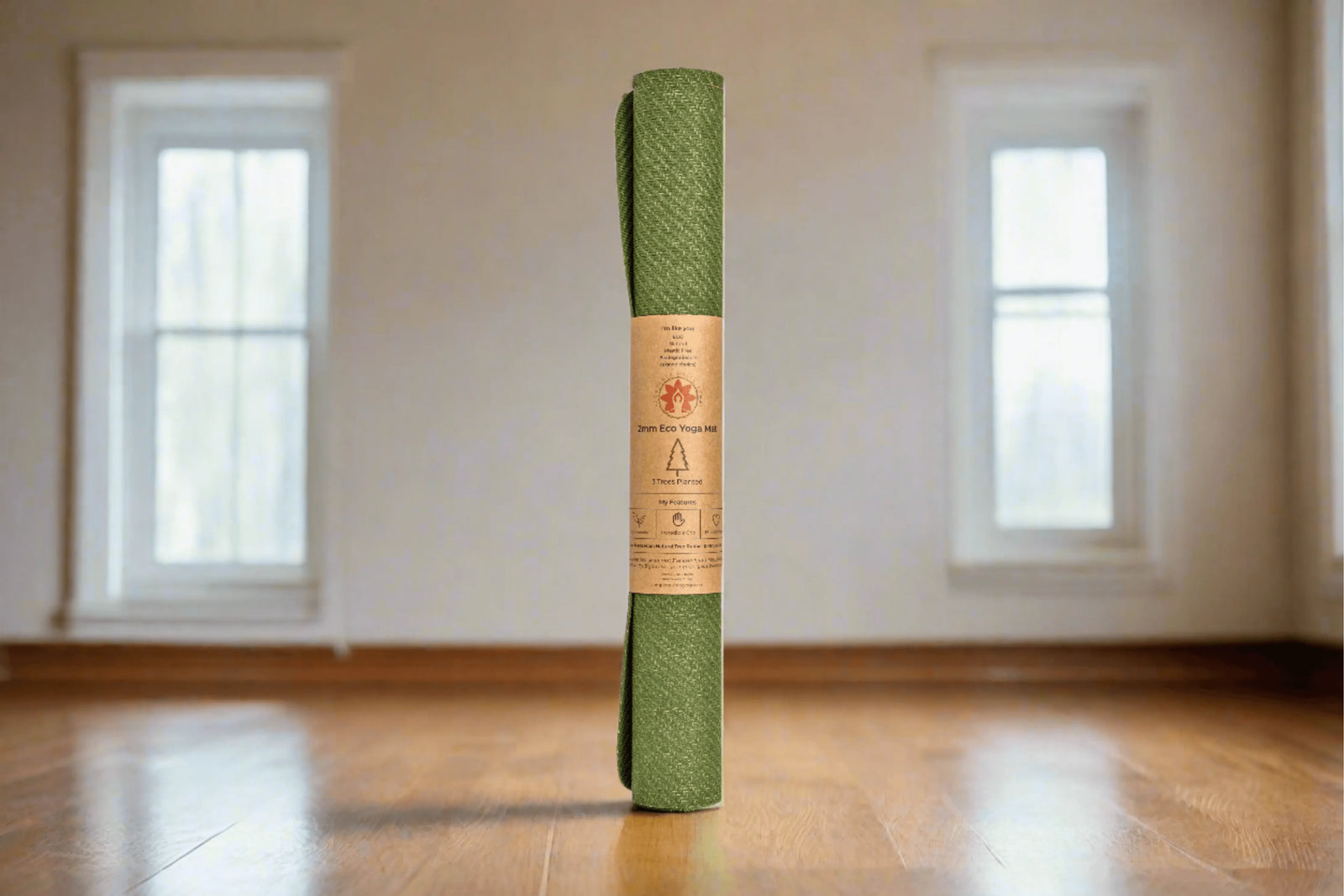 Green eco yoga mat with label standing on wooden floor in bright, minimalist room