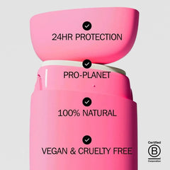 Pink natural deodorant stick with 24hr protection, pro-planet, vegan, cruelty-free claims