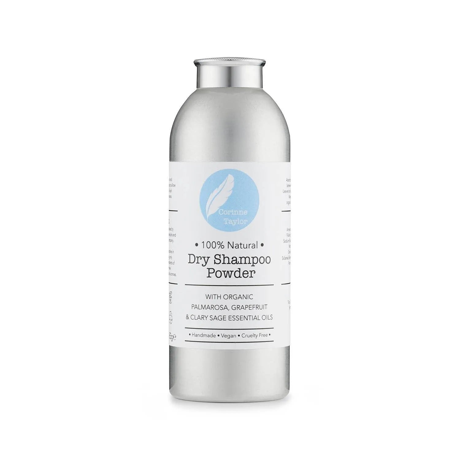 Aluminum bottle of Corinne Taylor 100% natural dry shampoo powder with organic essential oils