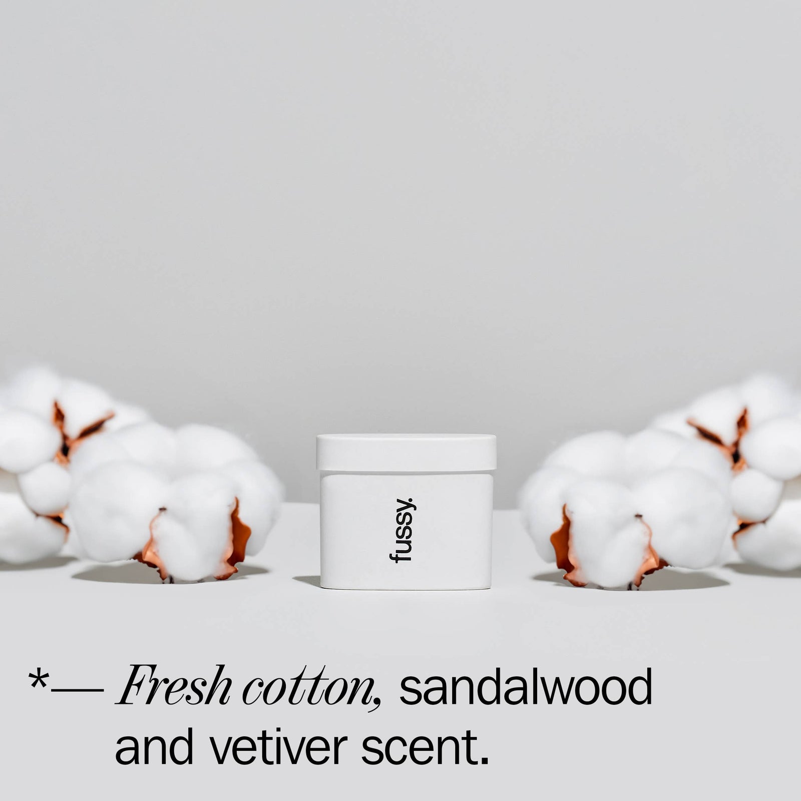 Fussy deodorant container with cotton flowers, fresh cotton, sandalwood and vetiver scent text.