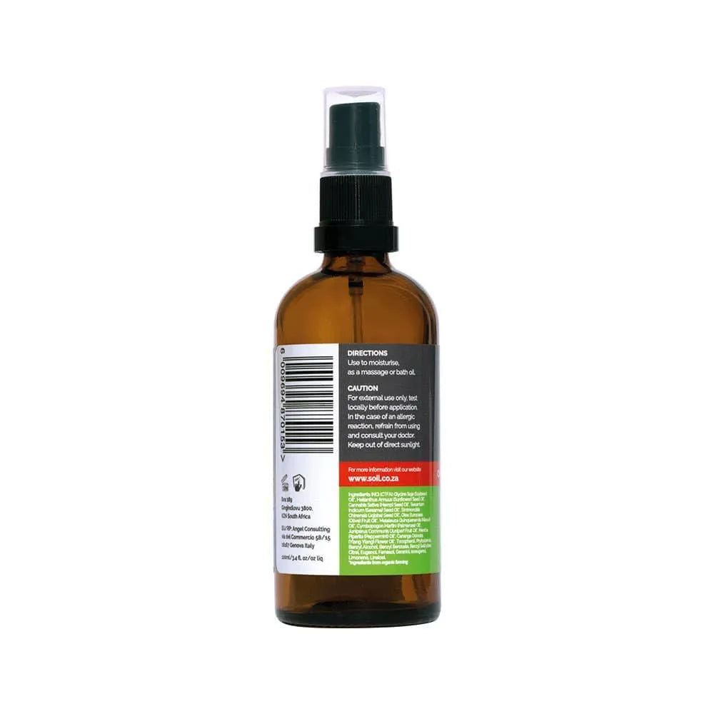 Amber spray bottle with black pump, product label, barcode, and instructions on white background
