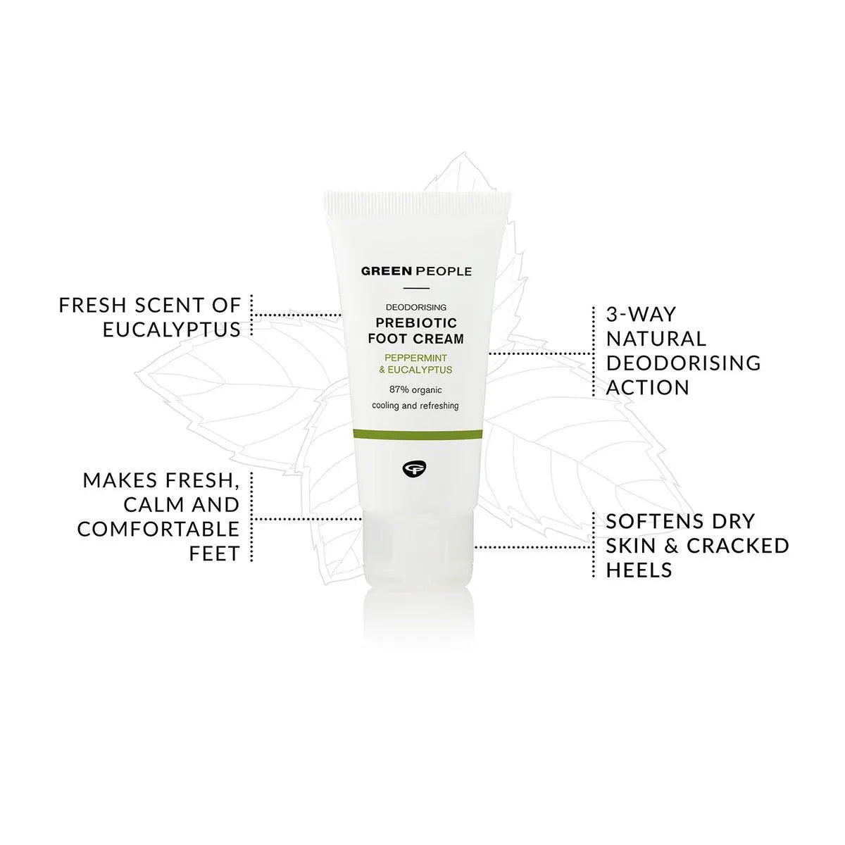 Green People prebiotic foot cream tube with peppermint eucalyptus, benefits highlighted