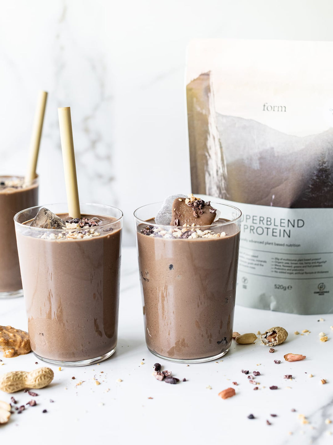 Prepared chocolate peanut smoothies with Form Superblend Protein pouch