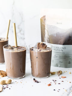 Prepared chocolate peanut smoothies with Form Superblend Protein pouch