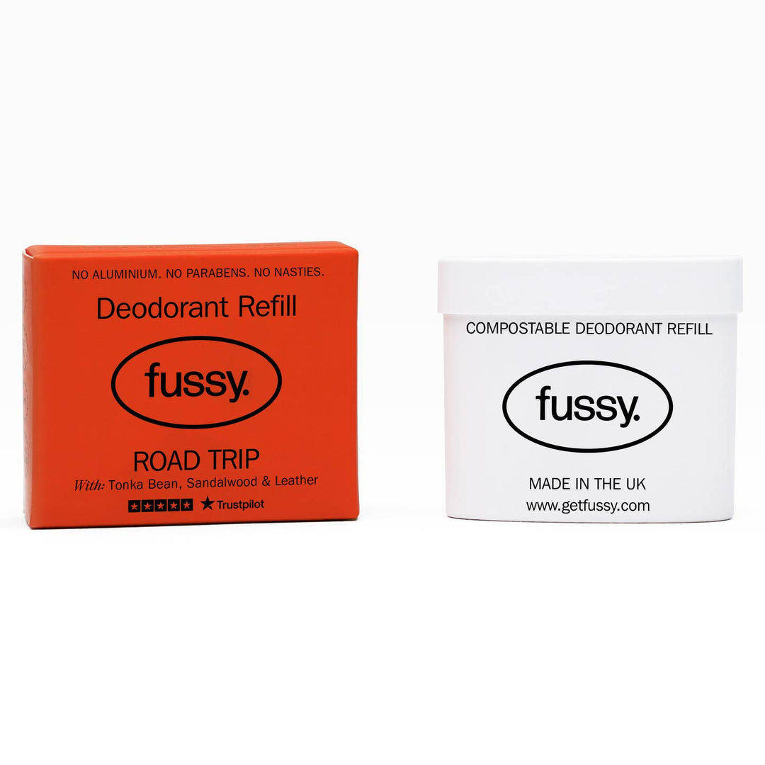 Fussy Road Trip deodorant refill with its orange carton; reusable case sold separately