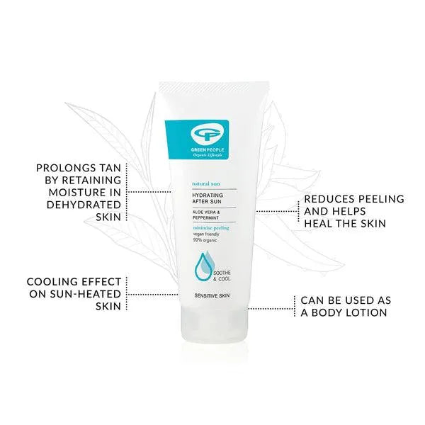 Green People Hydrating After Sun lotion tube with benefits text for sensitive skin