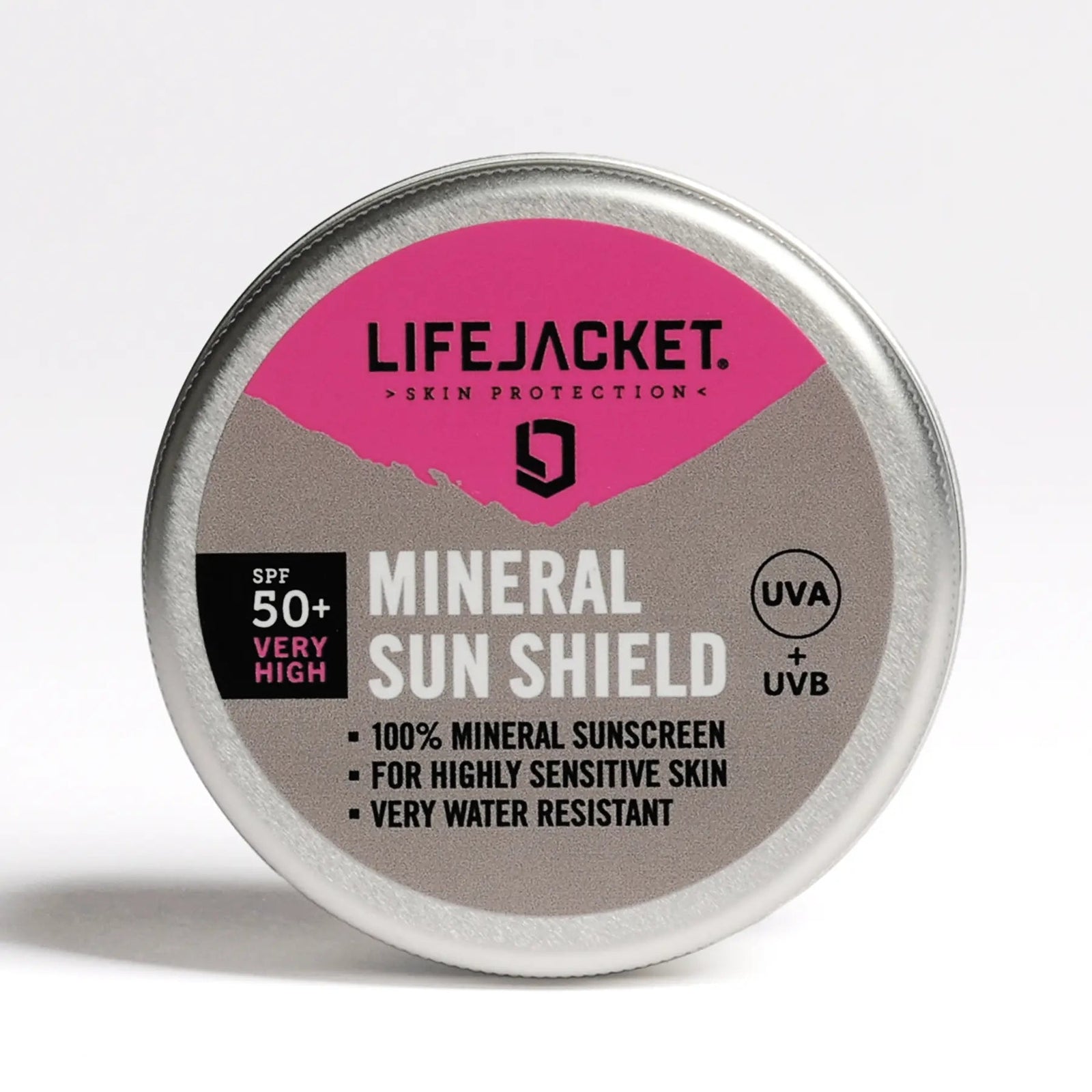 LifeJacket SPF50+ mineral sun shield in an 85g aluminium tin