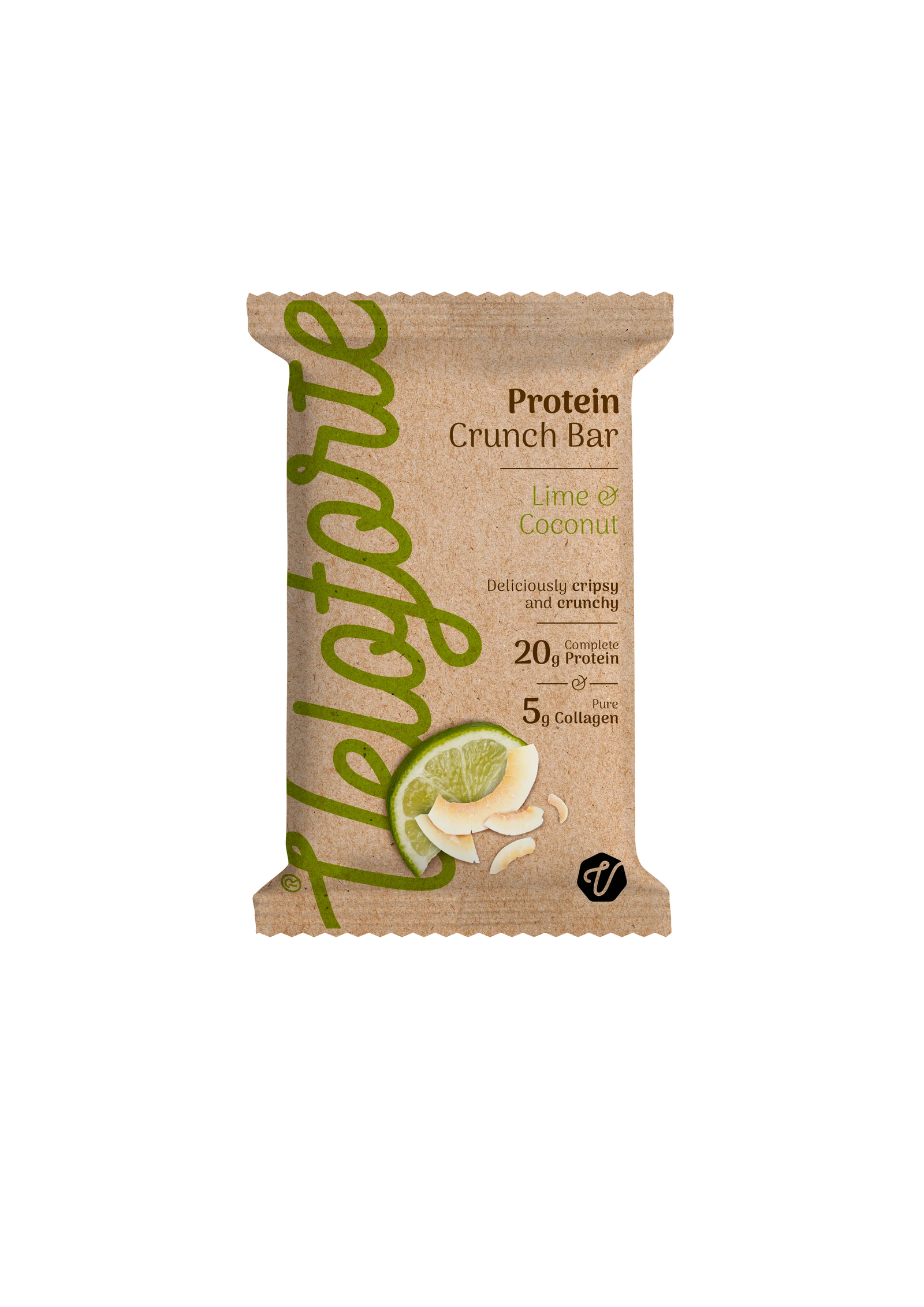 Lime coconut protein crunch bar in brown packaging with lime and coconut illustration