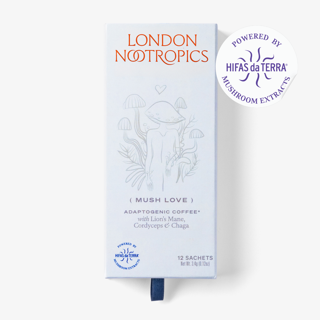Closed London Nootropics Mush Love coffee box on a white background