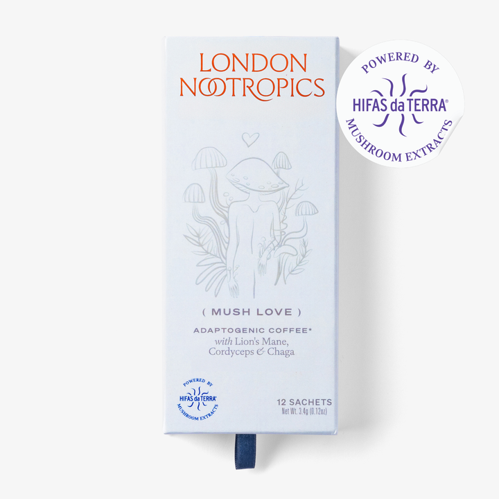 Closed London Nootropics Mush Love coffee box on a white background