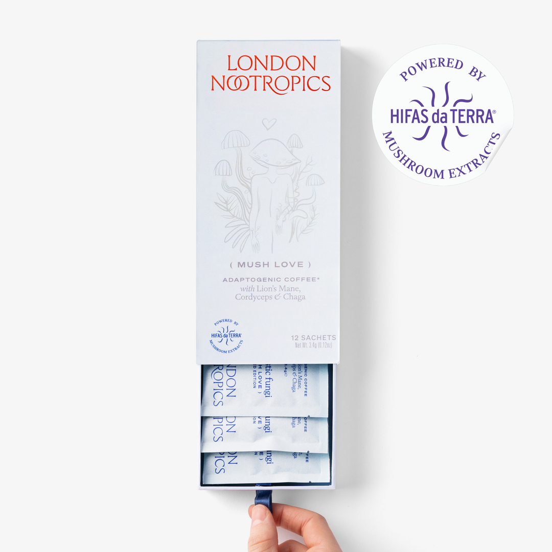 Open London Nootropics Mush Love box showing single-serve coffee sachets