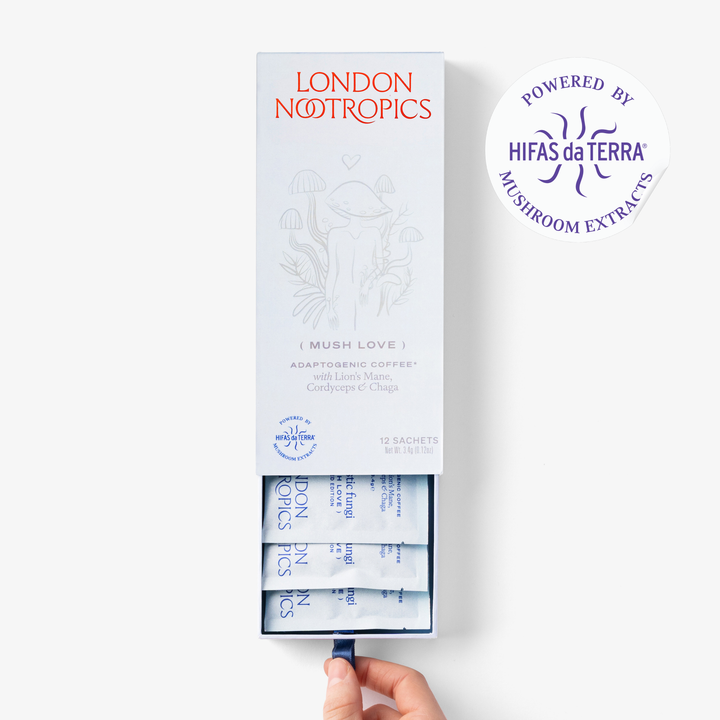 Open London Nootropics Mush Love box showing single-serve coffee sachets