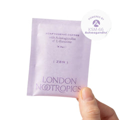 London Nootropics Zen coffee packet with ashwagandha and L-theanine, held by hand