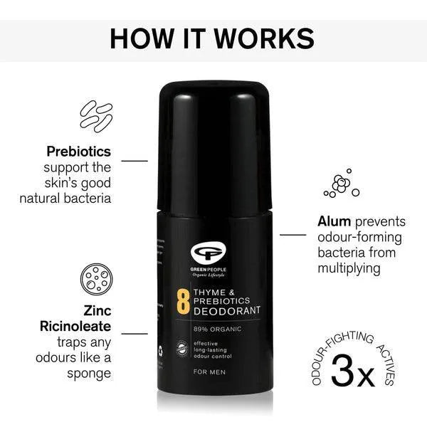 Green People Thyme & Prebiotics Deodorant for men with prebiotics, zinc ricinoleate, and alum.