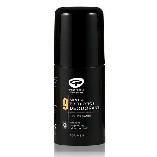 Green People Mint & Prebiotics Deodorant for Men black bottle, 89% organic