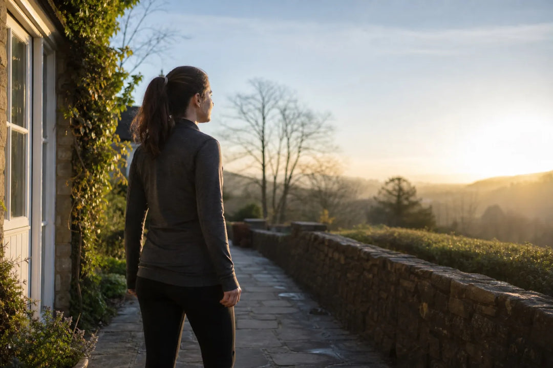 Woman in activewear standing outside in morning sunlight