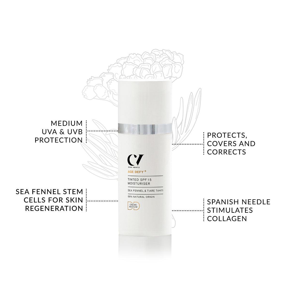 Age Defy+ tinted SPF 15 moisturizer bottle with sunscreen and skincare benefits highlighted