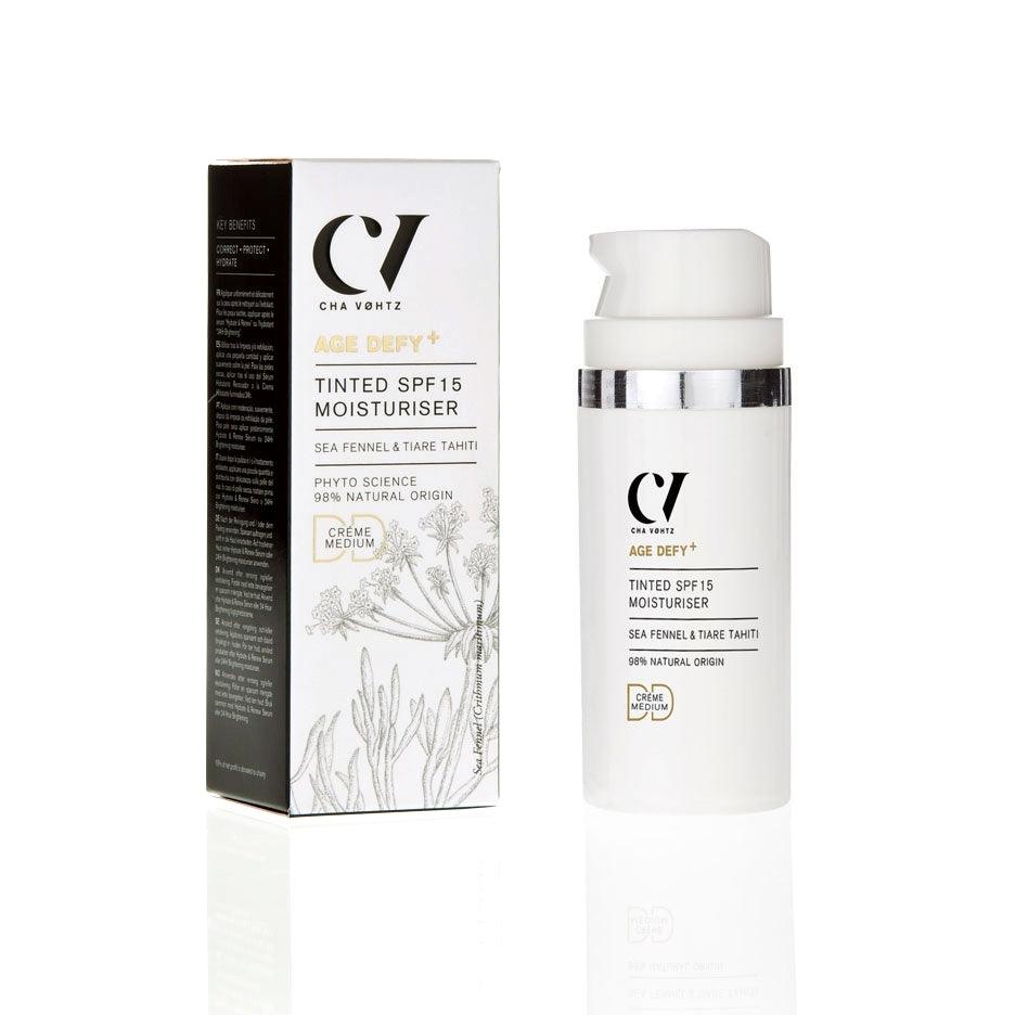 Cha Vøhtz Age Defy+ tinted SPF 15 moisturiser bottle and box, medium crème, white background