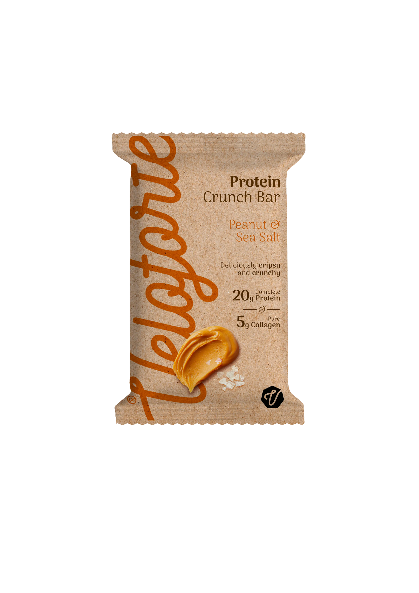Peanut sea salt protein crunch bar in brown packaging with peanut butter and salt visuals