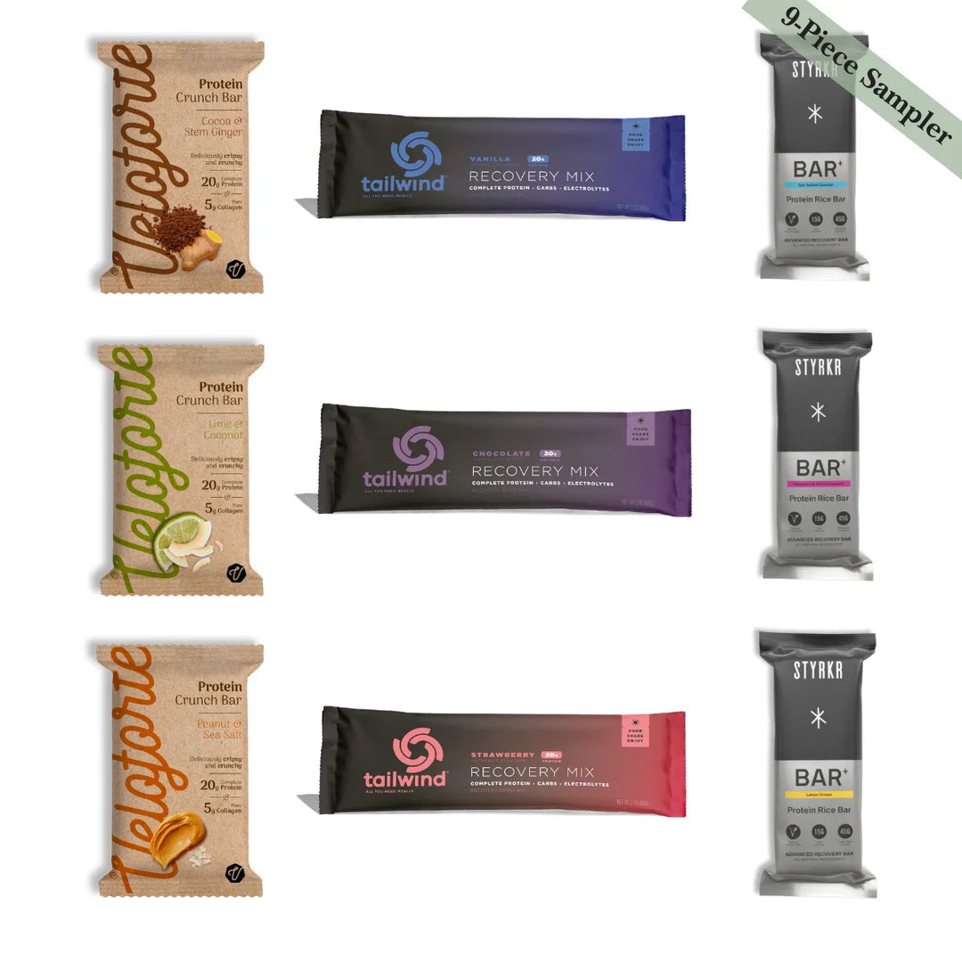 Nine protein bar and recovery mix packages from different brands on a white background.