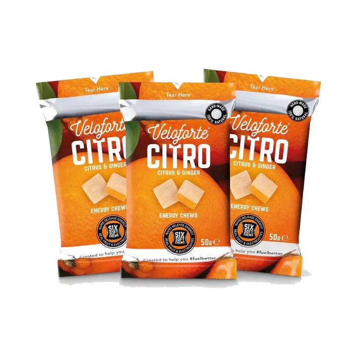 Veloforte Citro citrus and ginger energy chews pack of 3 on transparent background