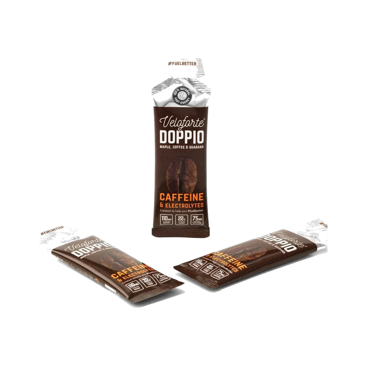 Veloforte Doppio caffeine energy gels pack of 3 on transparent background