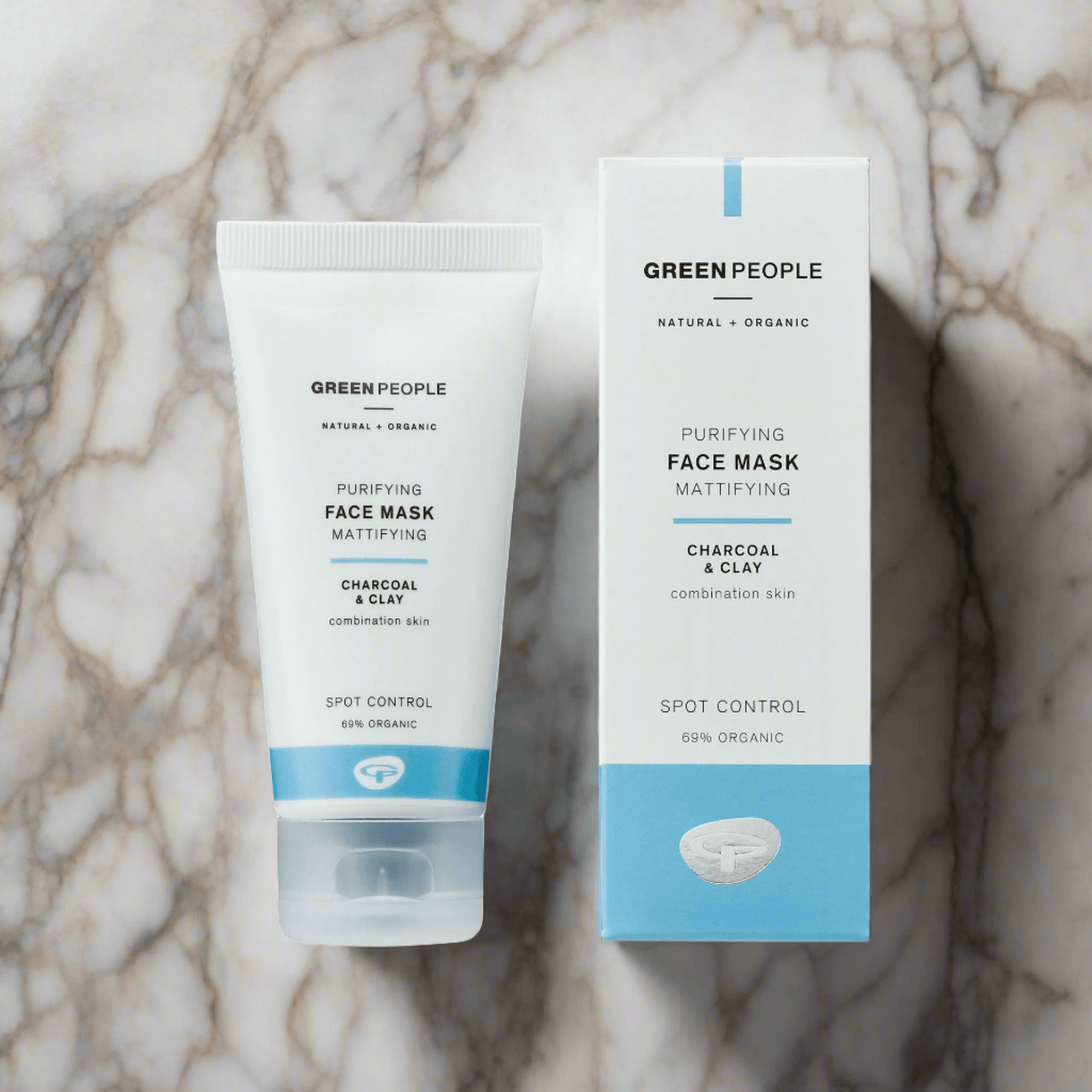 Green People Purifying Face Mask Mattifying with charcoal and clay for combination skin on marble