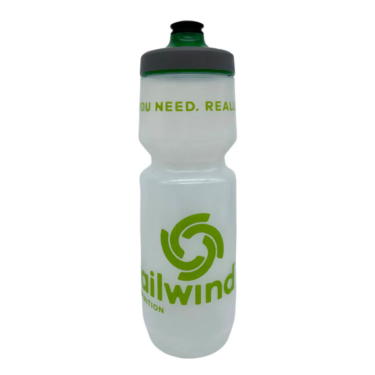 Clear Tailwind Nutrition water bottle with green logo and black lid on white background
