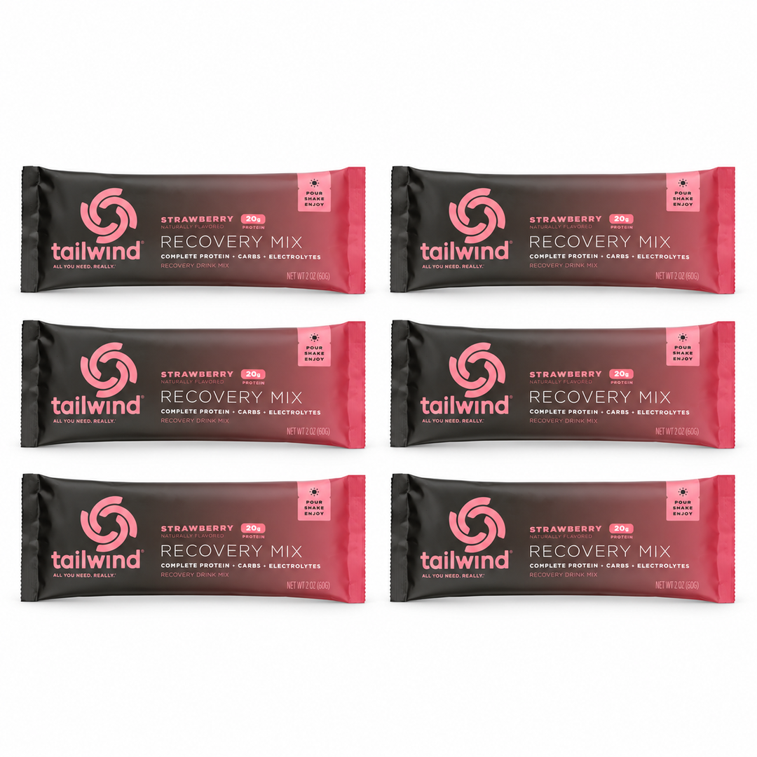 Six Tailwind strawberry Recovery Mix sachets.