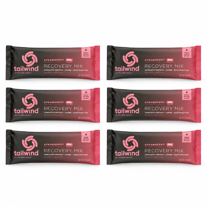 Six Tailwind strawberry Recovery Mix sachets.