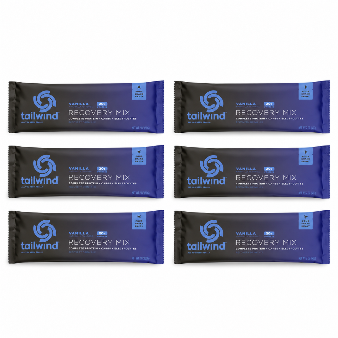 Six Tailwind vanilla Recovery Mix sachets.