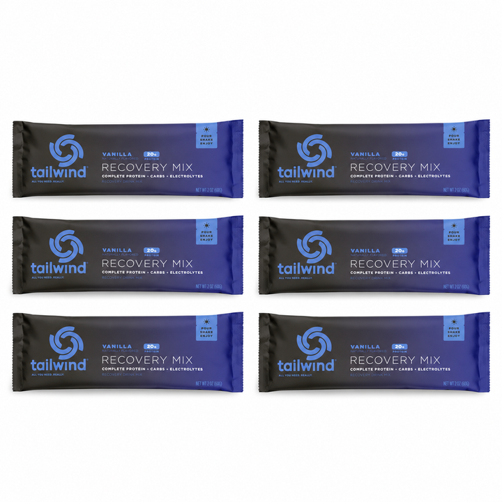 Six Tailwind vanilla Recovery Mix sachets.