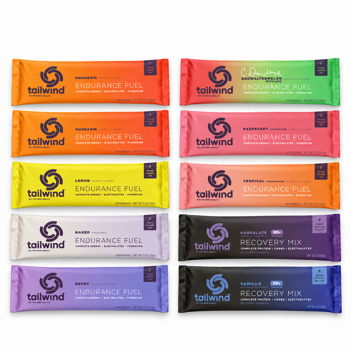 Tailwind 10-stick mixed starter pack: eight Endurance sticks including Raspberry and Tropical caffeine, plus Chocolate and Vanilla Recovery
