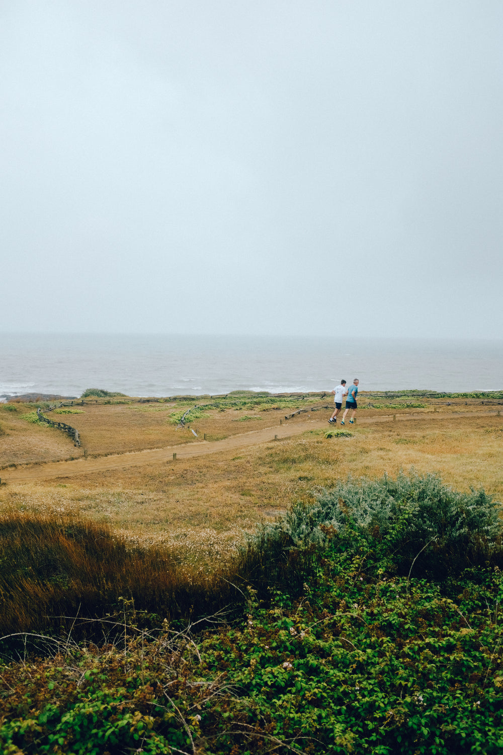 Two runners following a coastal trail with the sea beside them